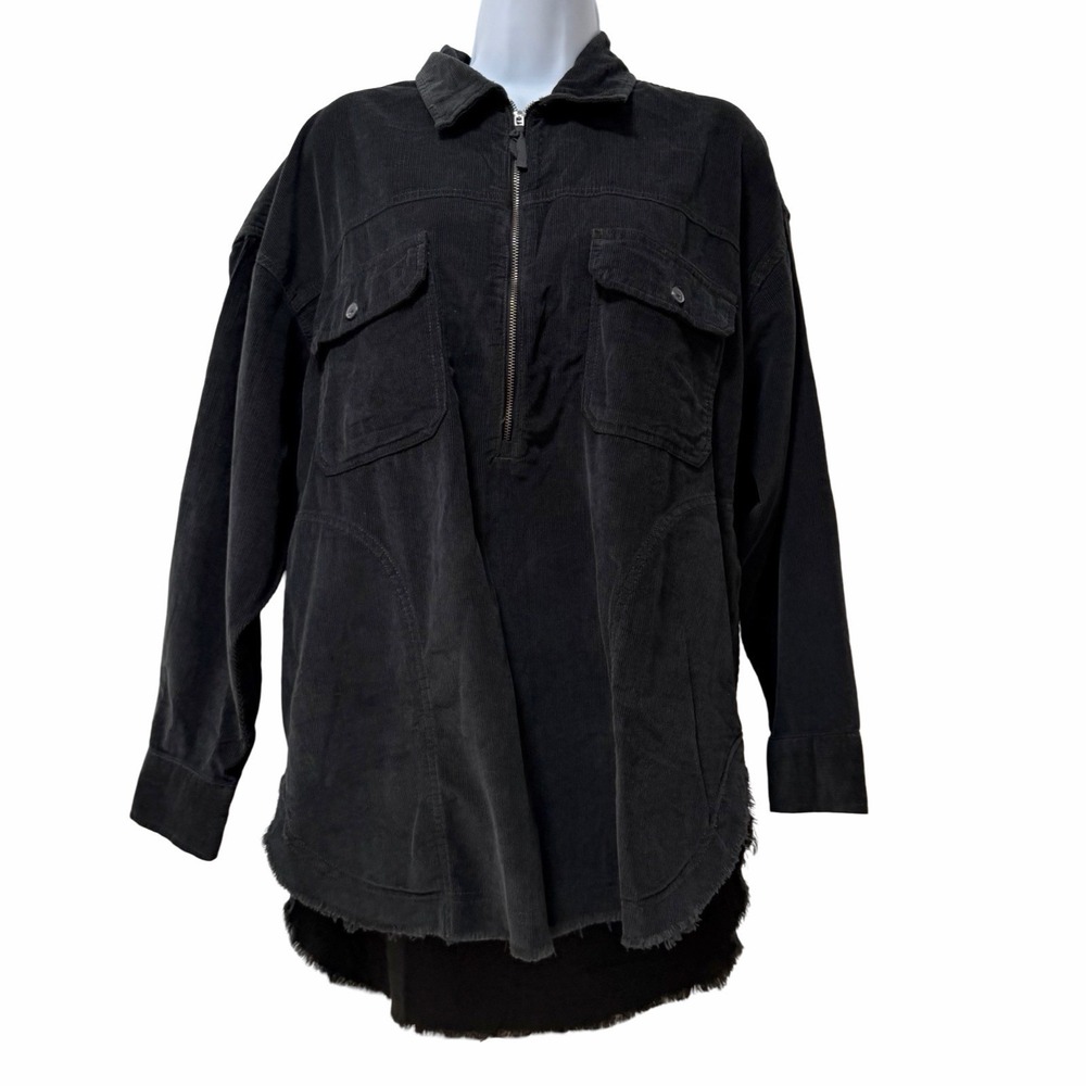 Aerie Womens Corduroy 1/4 Zip Pullover Oversized Top Size S Black Shacket‎ NWT